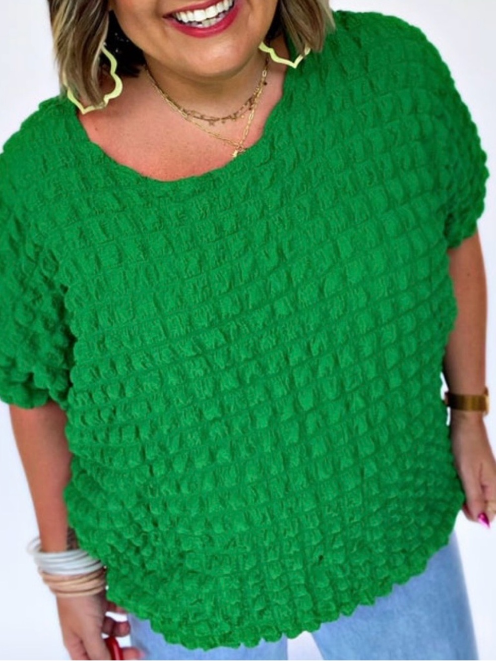 First Love Green  Popcorn Textured Waffle Knit Top Med  Oversized| Boho Y2K-NWOT